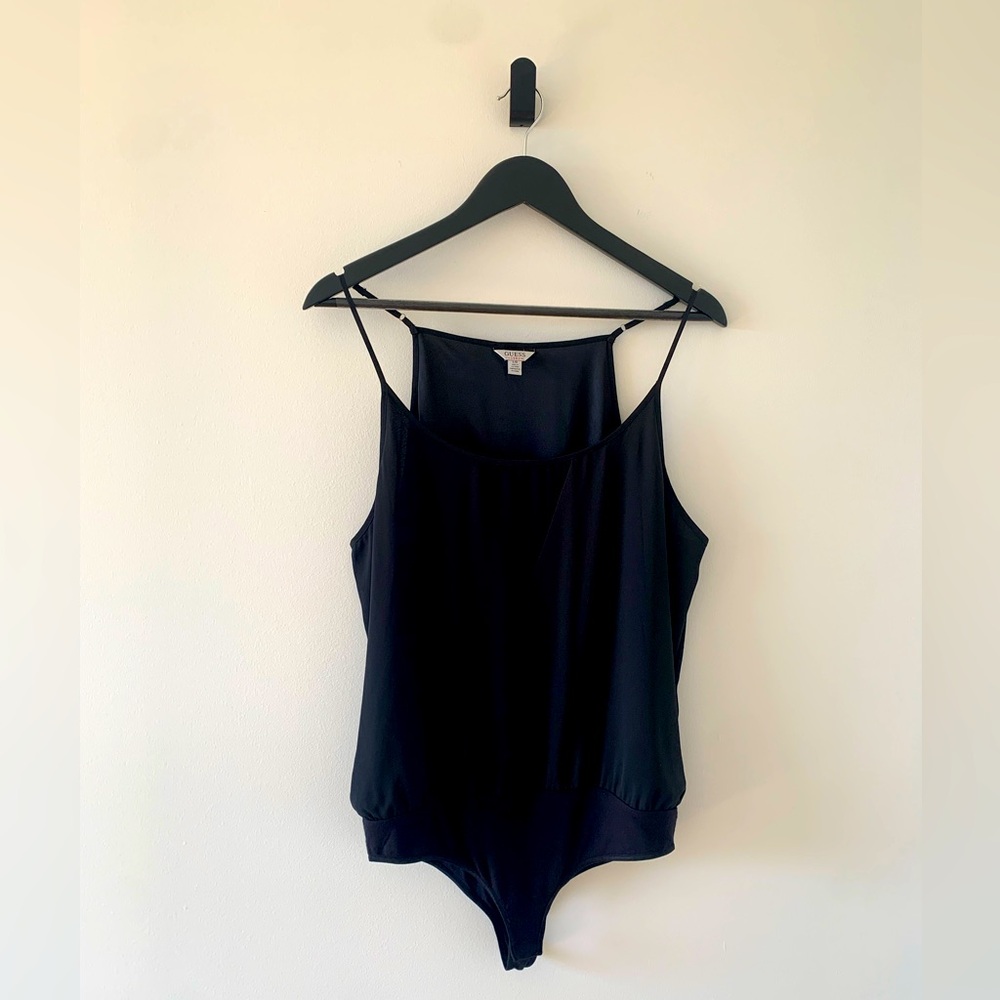 Guess Sheer Lined Black Body Suit Adjustable Spaghetti Straps Snap Crotch Size L